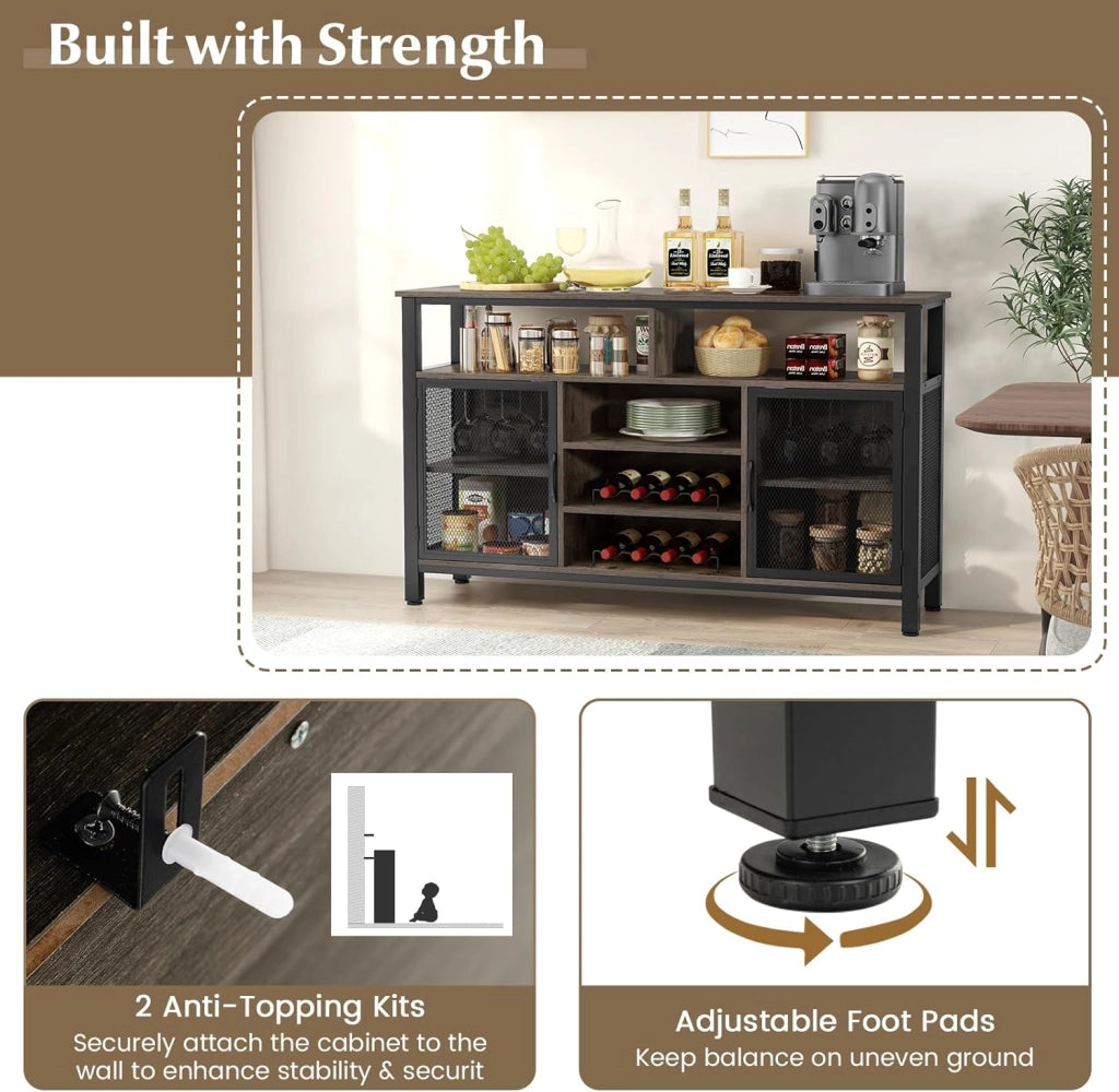 Credenza da Buffet, Mobilellto da Cucina con Portabottiglie e Portabicchieri, Porta TV per TV fino a 60" con 2 Armadietti con Anta, 3 Ripiani e 2 Scomparti Aperti, Nero/Grigio(Grigio)