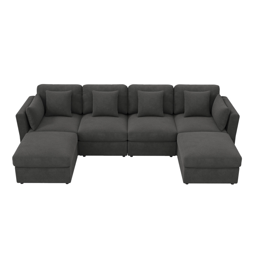 Divano modulare in velluto a coste con 2 pouf e braccioli regolabili; grigio