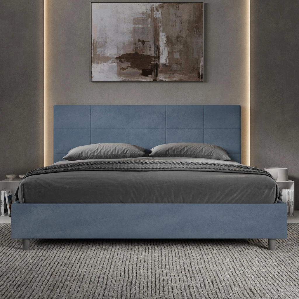 BS COM Letto matrimoniale king size con rete imbottito 200x200 microfibra blu
