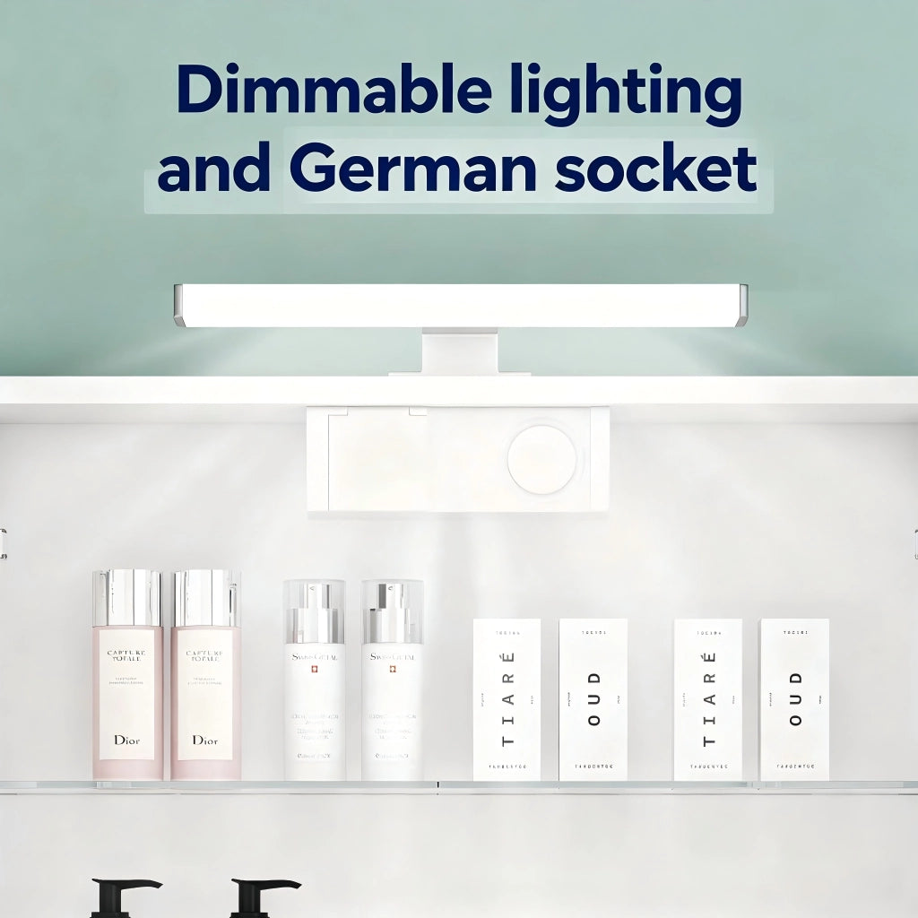 Mobile con specchio con 3 ante; LED e presa integrata; ripiani regolabili per bagno; in MDF e vetro; bianco; 60 cm