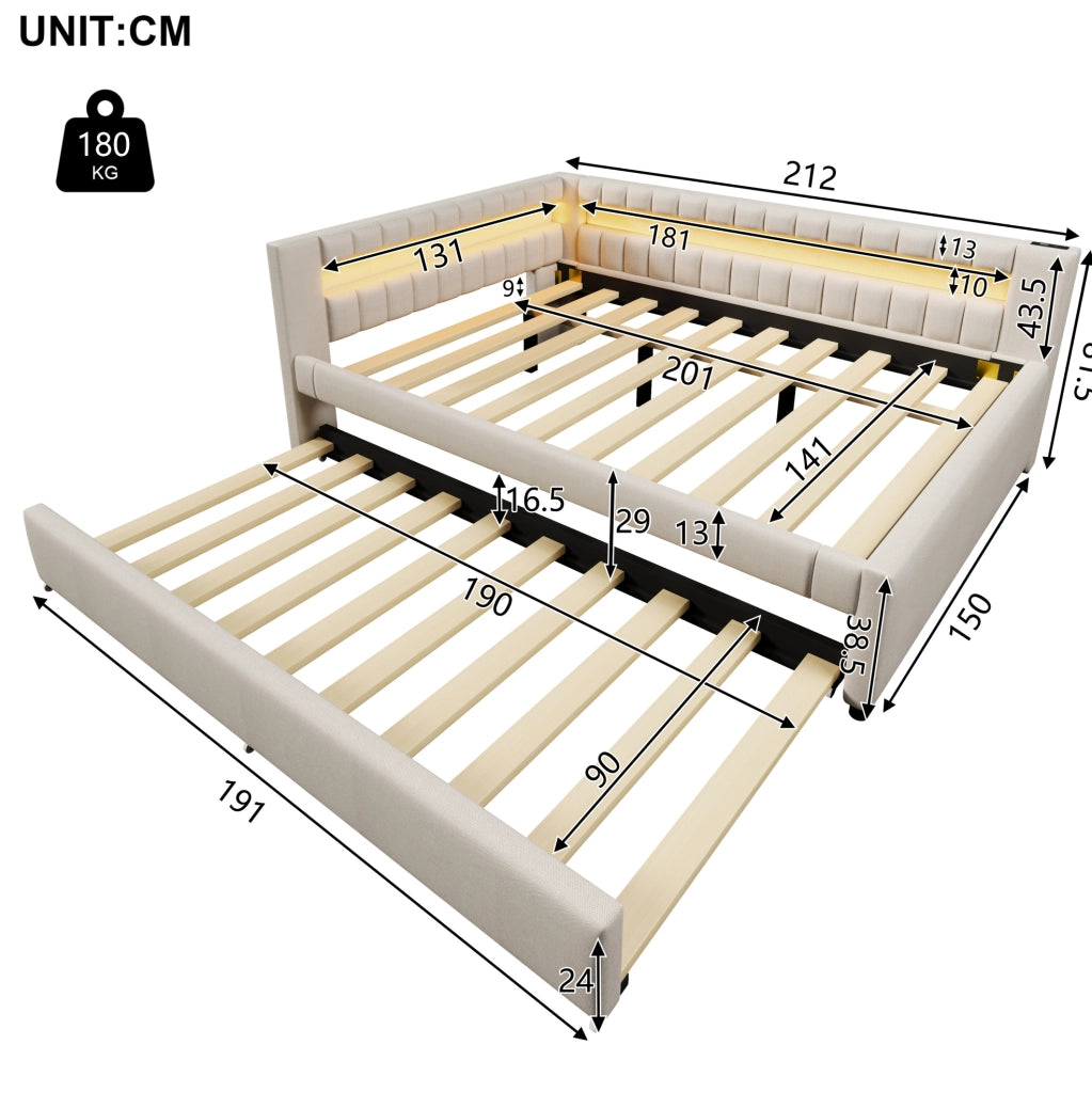 Letto singolo 140x200 cm con letto estraibile, LED e porte USB/Type-C beige HAVRYA