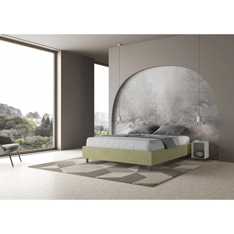 Letto imbottito Letto Matrimoniale alla Francese 150x210 cm Azelia - Con rete,Microfibra,Tè verde
