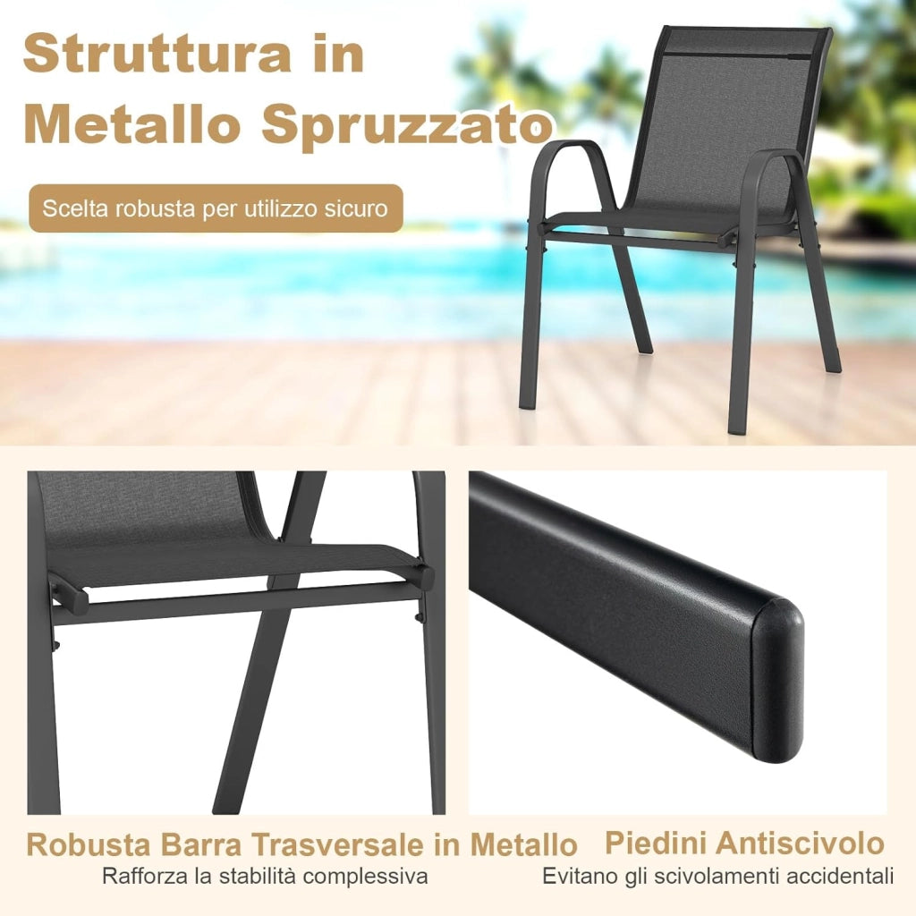 Set di 4 Sedie da Giardino, Poltrone in Tessuto Textilene per Esterno, Sedie Impilabili con Gambe in Metallo, Portata 150 kg, 56 x 70 x 84 cm (Nero,4)