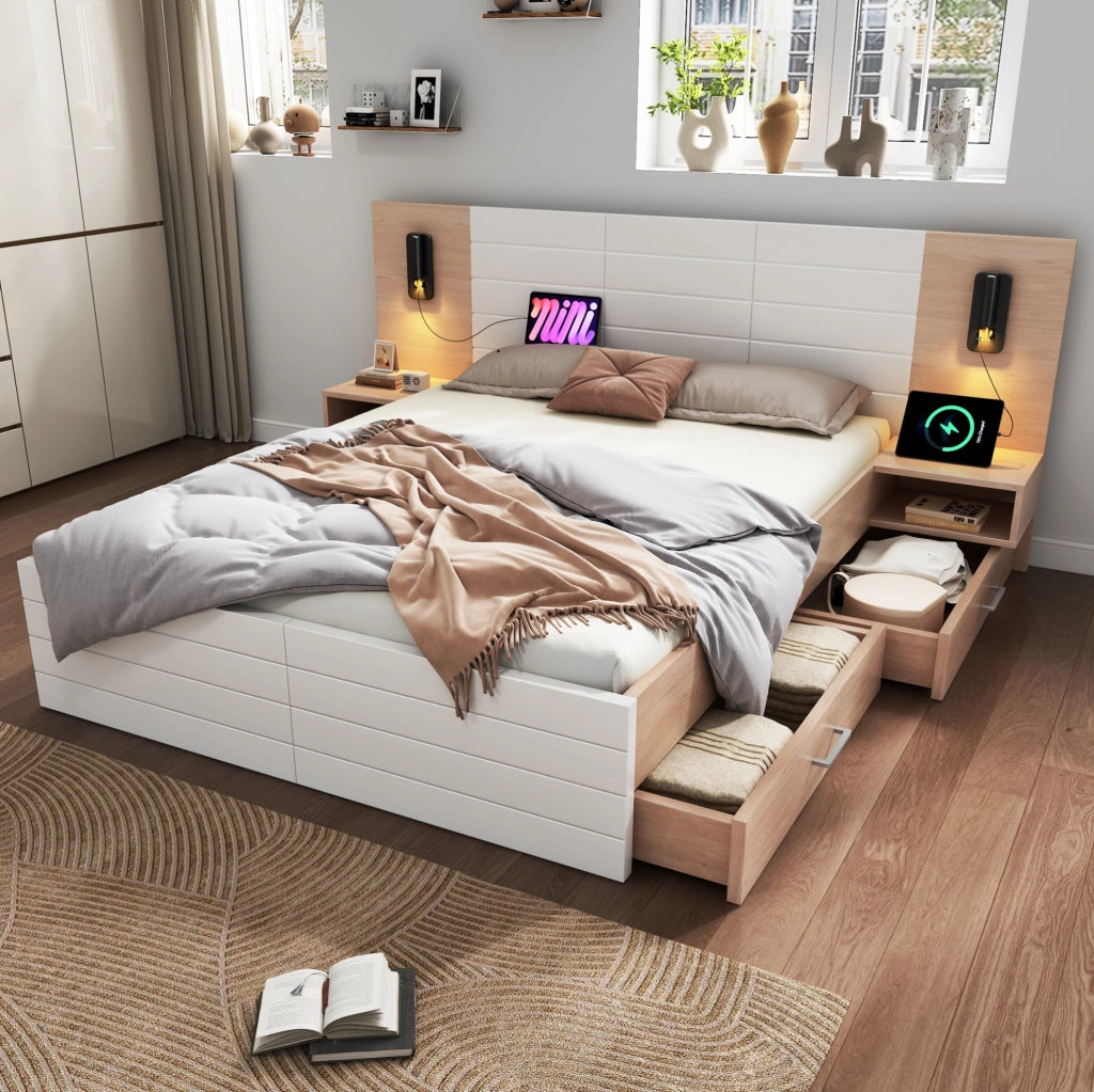 Letto matrimoniale 160 x 200 cm con cassetti, luce orientabile e ricarica USB