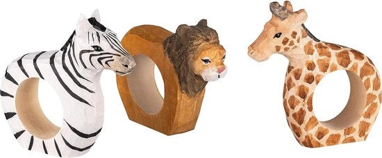 Set di 3 Anelli per Fazzoletti Africa Animali: Leone, Zebra, Giraffa, Legno Scolpito a Mano e Dipinto a Mano, Diametro 9 x 7 x 2 cm