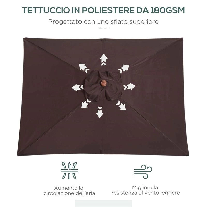 OMBRELLONE RETTANGOLARE INCLINABILE 2X1.5 M CON 6 STECCHE E APERTURA A CORDA IN BAMBÙ E POLIESTERE CAFFÈ