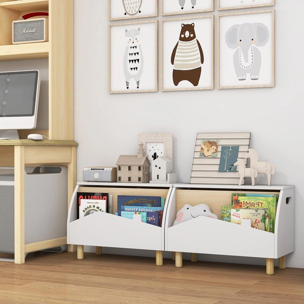 libreria Montessoriana 2-in-1 per Bambini in Legno, Scaffale Porta Libri e Giocattoli con Cassone, Coperchio Ammortizzato e Maniglie, Ideale per Cameretta e Nido, 60 x 30 x 44 cm (Bianco)