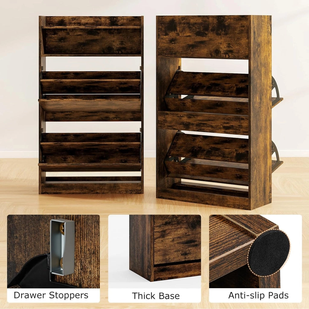 Scarpiera Salvaspazio Slim a 4 Livelli, Portascarpe in Legno con 2 Ante a Ribalta, 1 Ripiano Aperto, Doppia Profondita, Mobile Porta Scarpe Moderna, 60 x 24 x 102 cm (Marrone)