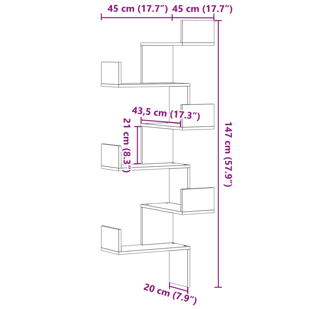 vidaXL Scaffale Angolare a Muro Sonoma 45x45x147 cm Legno Multistrato