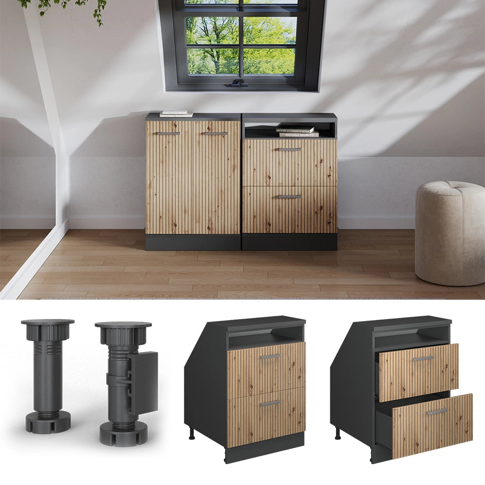 Mobile sottotetto Rion Rovere artigianale/Antracite 60 x 83.8 cm con 2 cassetti, carcassa 60 cm profondità Vicco