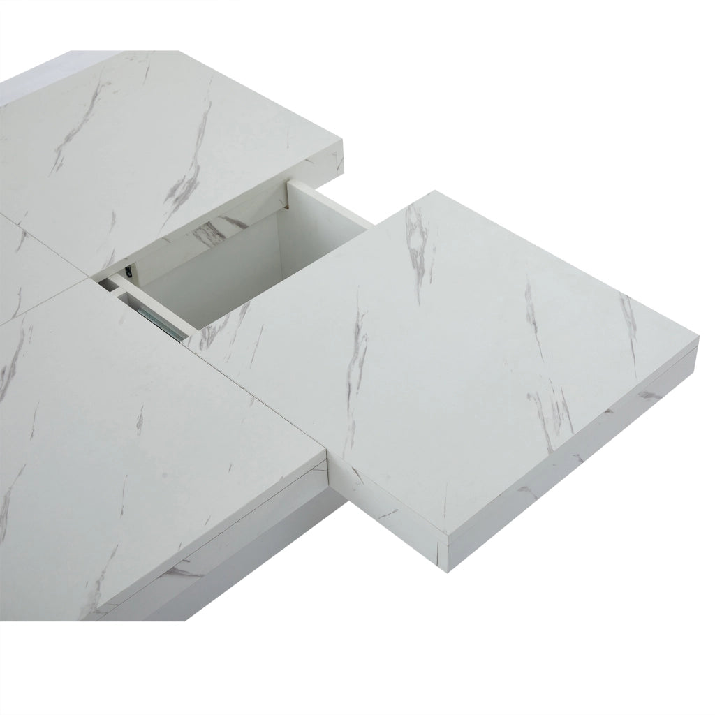 Tavolino da caffè 90x90x25 cm; 4 cassetti con piano scorrevole; truciolare effetto marmo bianco
