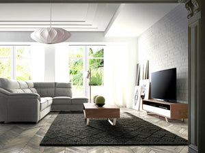 Porta TV in legno bianco, noce e acciaio cromato