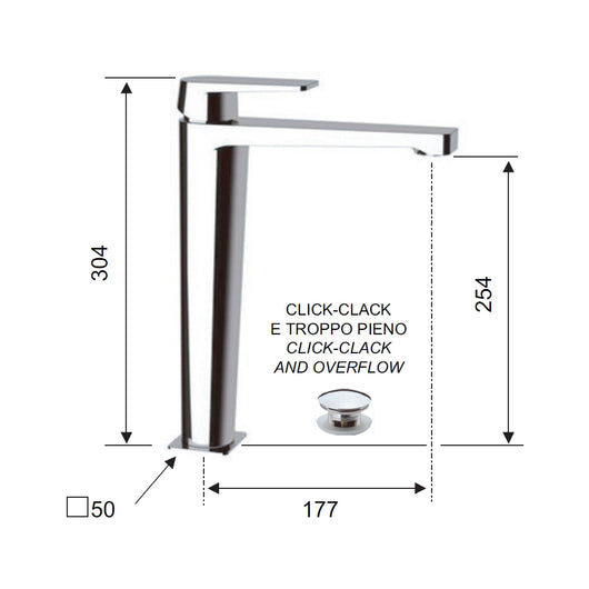 Dream remer miscelatore monocomando lavabo alto con o senza piletta click-clack