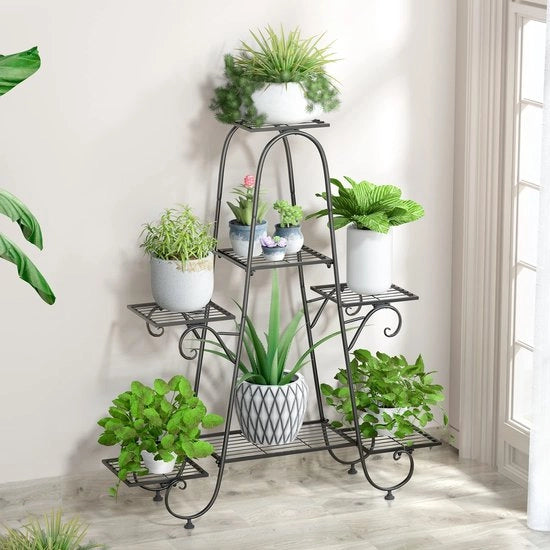 Bloemstandaard con 7 gradini con piatto di fiori e piatto per piante in metallo, 66 x 22 x 102 cm
