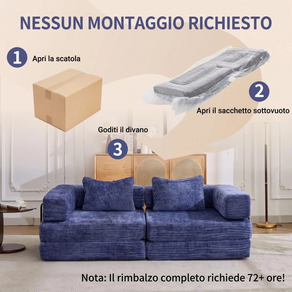 Divano compatto, divano letto pieghevole, moduli senza struttura, tessuto chenille, blu scuro