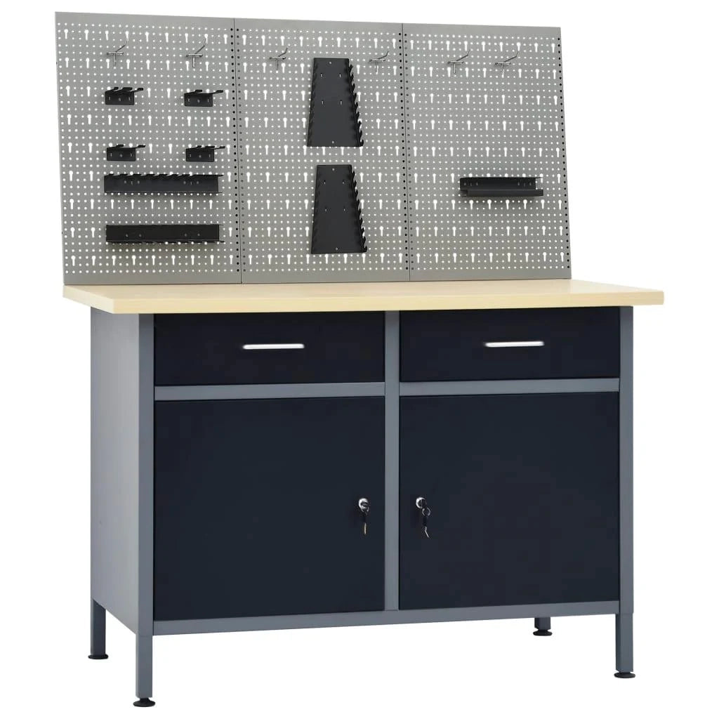 Banco da lavoro da 120 cm con 3 pannelli a parete e 1 mobiletto da officina tavolo da lavoro grigio/nero 02_0003658