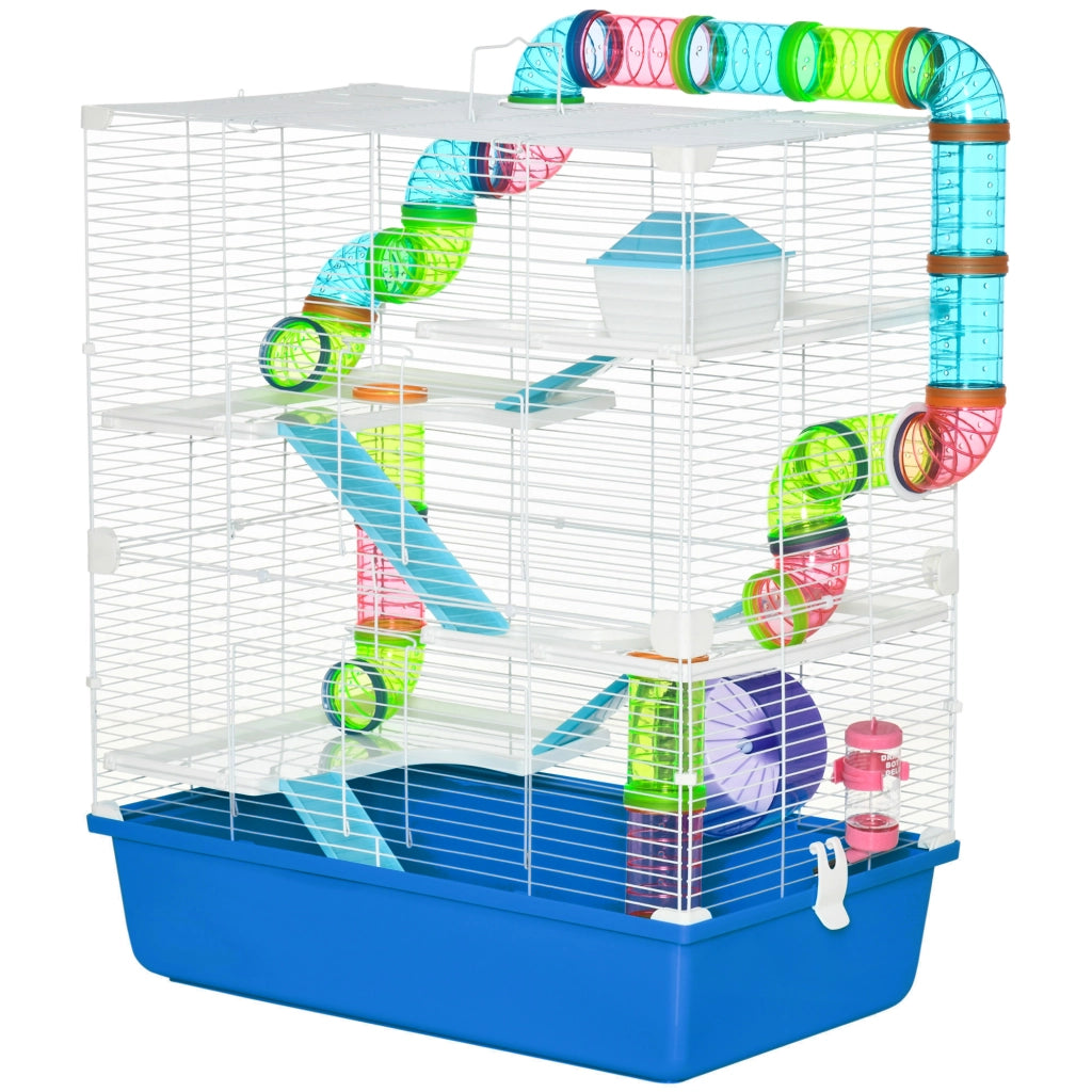 Gabbia Criceti a 5 Livelli con Tubi, Casetta, Serbatoio e Ruota, in Acciaio, PP e PS, 59x36x69 cm, Blu e Bianca
