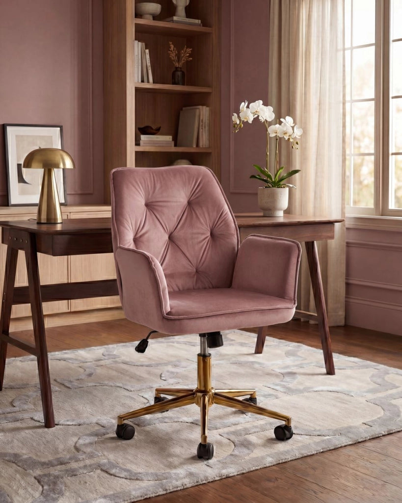 Sedia da ufficio per casa, rivestimento in velluto rosa, base girevole, regolazione in altezza, schienale reclinabile trapuntato, Glam
