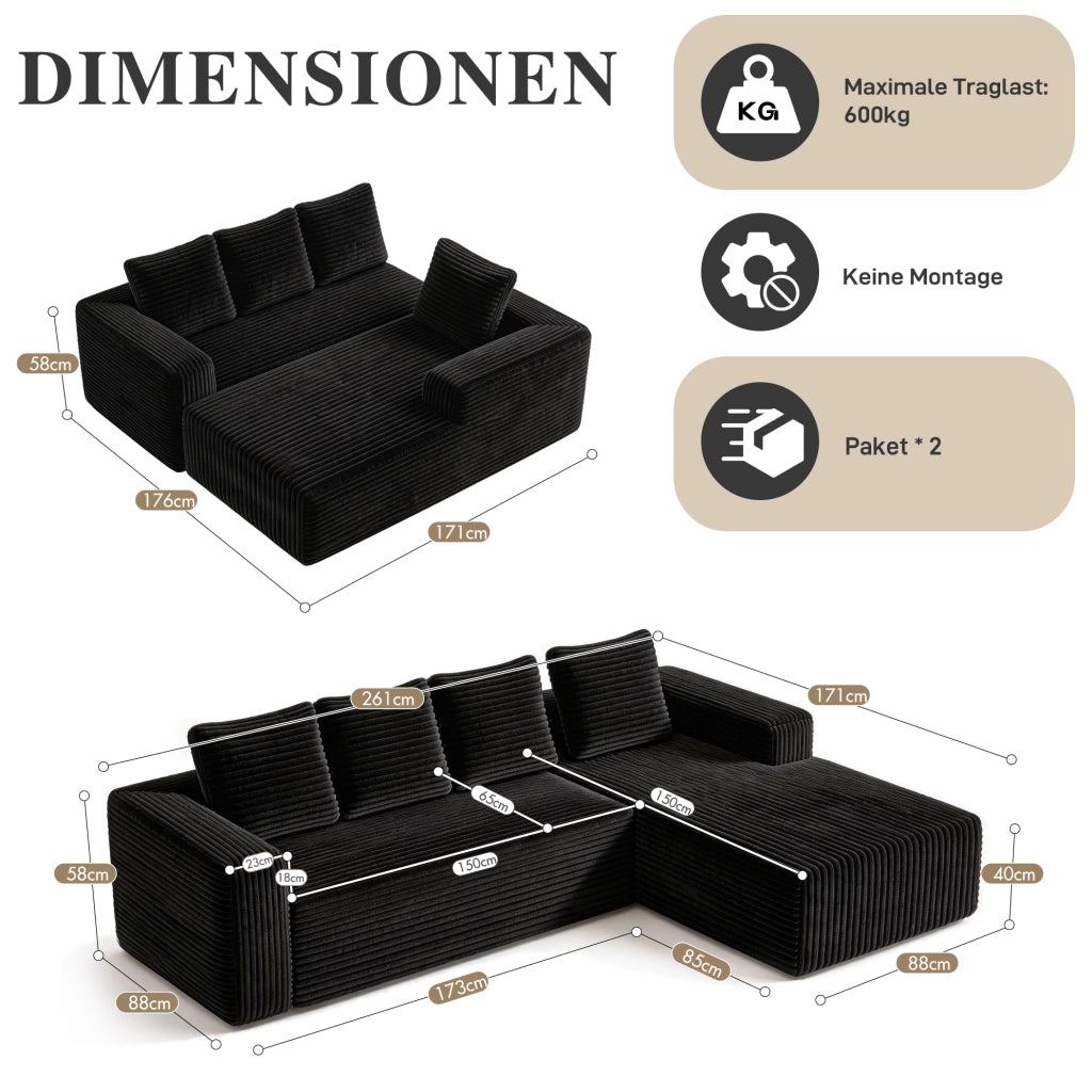 Divano modulare angolare con chaise longue reversibile; velluto a coste nero