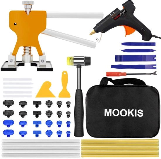 Kit di riparazione di crepe Autolakloze Deukverwijderaar 50 pezzi con trattore dorato, 5 pezzi di strumenti di rivestimento interno per danni da grandine agli autoveicoli