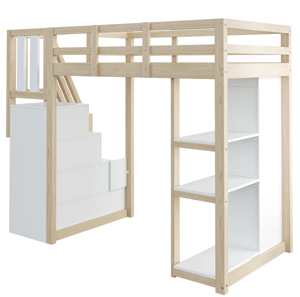 Letto a soppalco 90x200 cm in legno naturale con 4 cassetti; scaffale a 3 ripiani e scala laterale