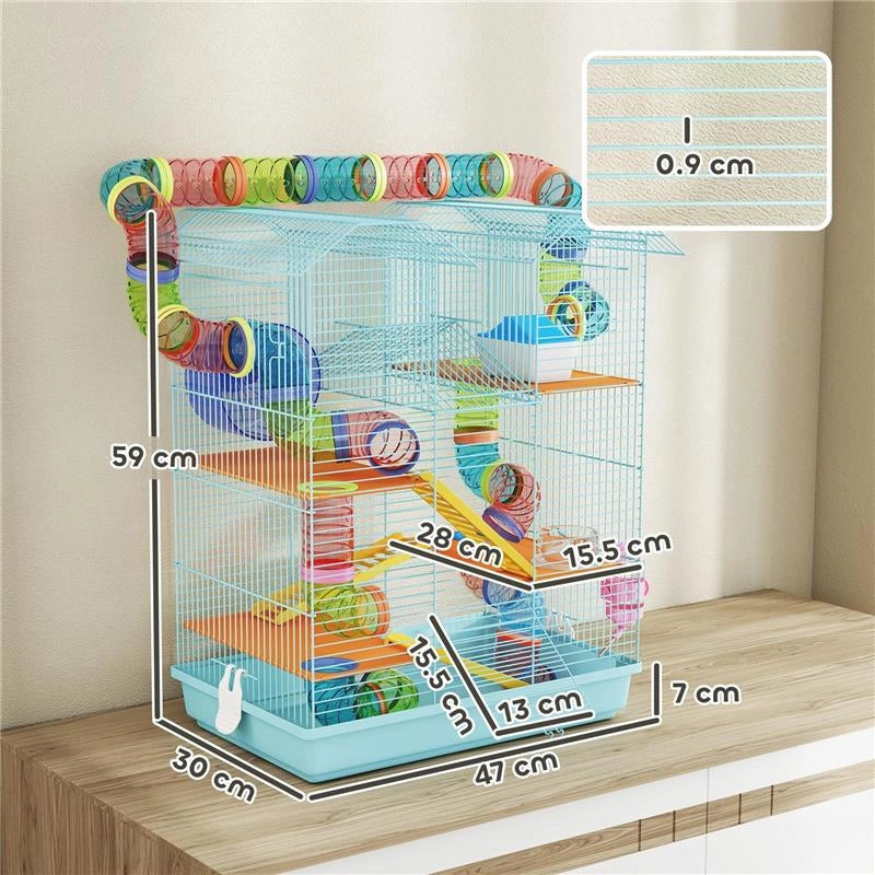 GABBIA PER CRICETI A 5 PIANI CON TUBI COLORATI, RUOTA, CASETTA E ACCESSORI, 47X30X59 CM, AZZURRO