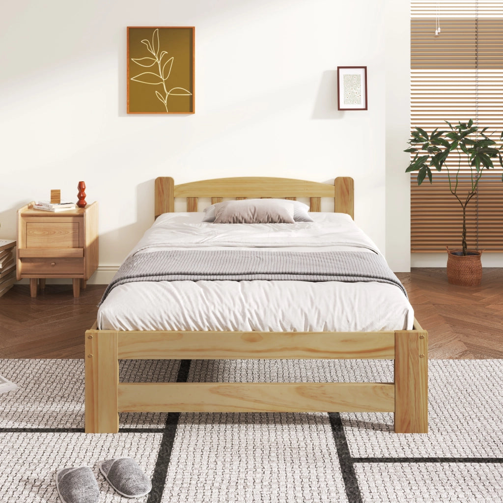 Letto Singolo 90×200 cm; Letto 1 Posto in Legno Massello con Testiera e Piede Centrale; senza Materasso; Naturale