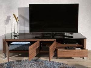 Mobile TV noce, acciaio cromato e piano in vetro nero