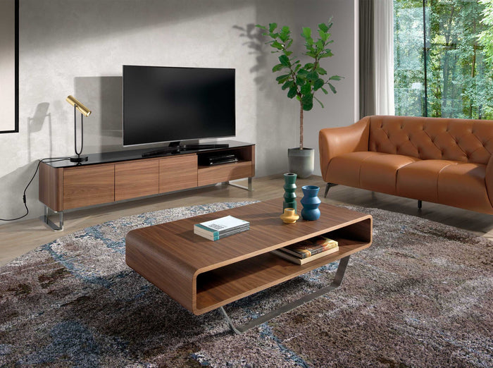 Mobile TV noce, acciaio cromato e piano in vetro nero