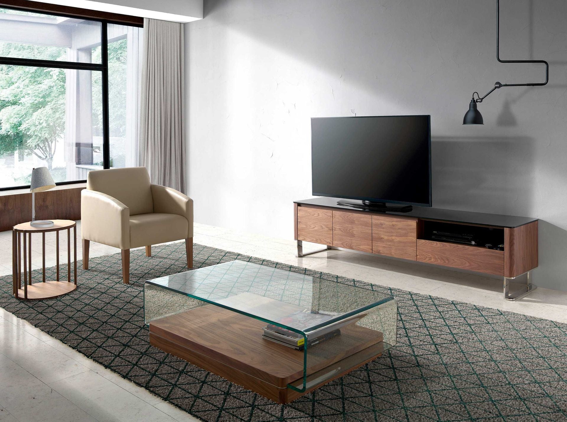 Mobile TV noce, acciaio cromato e piano in vetro nero