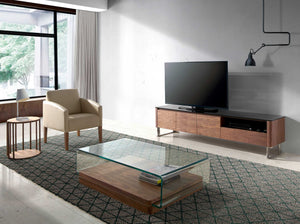 Mobile TV noce, acciaio cromato e piano in vetro nero