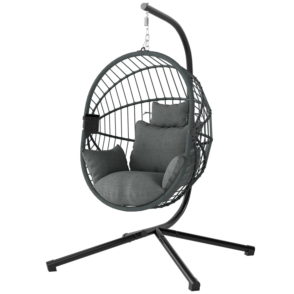 Poltrona Sospesa a Uovo con Cuscino Imbottito e Cesto Pieghevole, 120x106x188 cm, Grigio