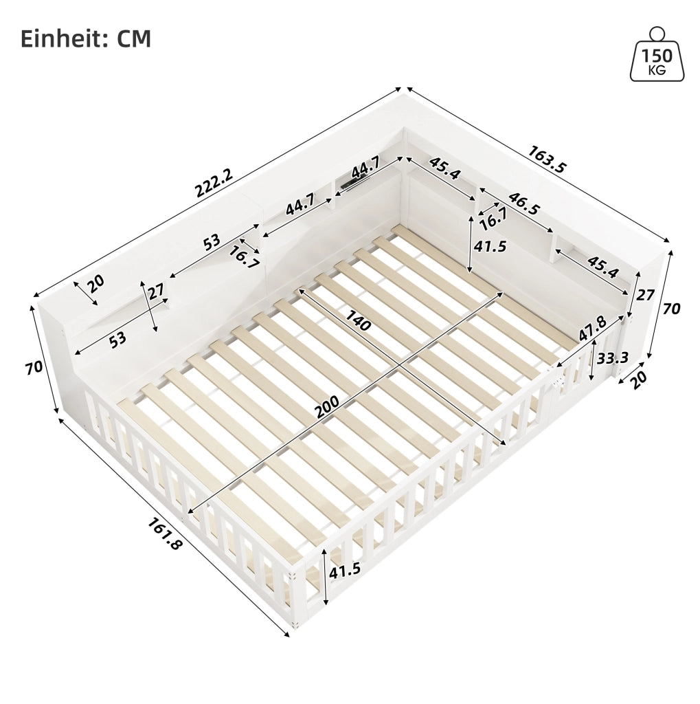 Daybed 140x200 cm bianco con presa USB, vano portaoggetti e rete a doghe