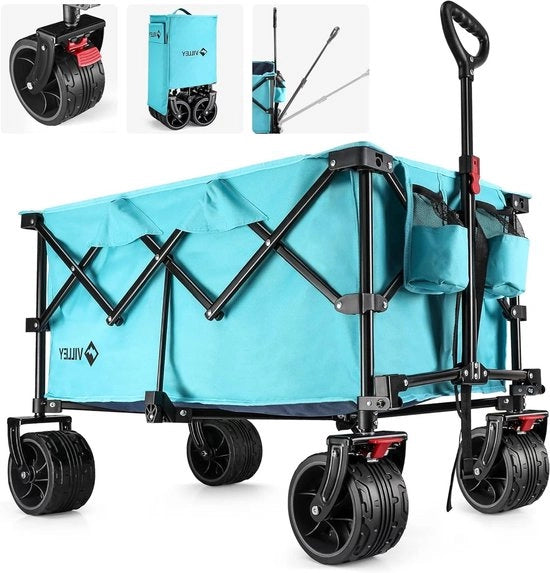 Carrello trasportabile pieghevole con grandi ruote e freni - Capacità di carico fino a 102 kg - Blu