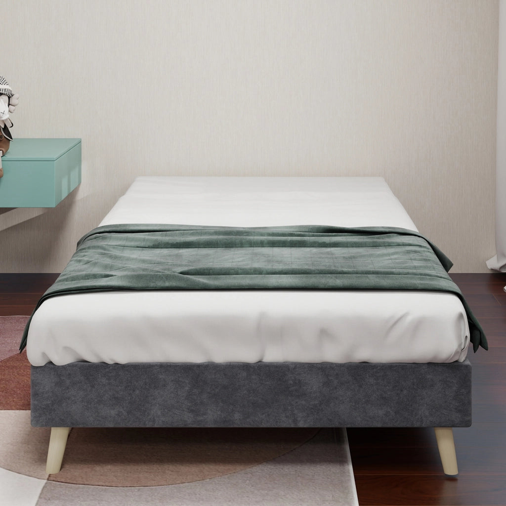Letto Singolo 90x200 cm; Struttura in Tessuto e Metallo; Grigio; Design Moderno