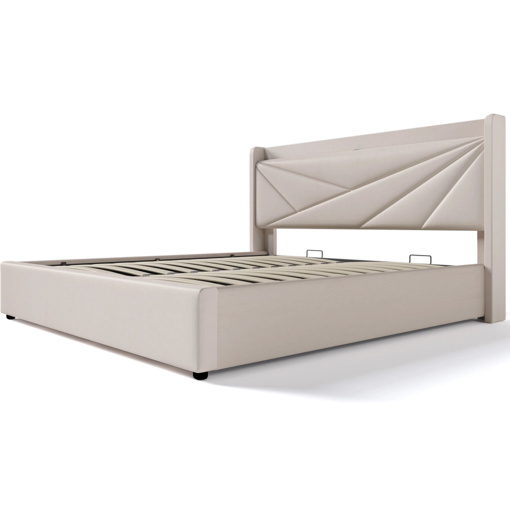 Letto matrimoniale contenitore 160x200 cm in cotone e lino beige con USB e Tipo C
