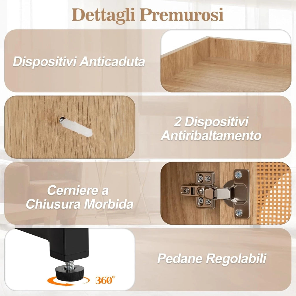 Armadietto in Legno ad Angolo Alto 172 cm con 4 Ripiani Aperti, Libreria Angolare con 2 Ante in Rattan PE e Ripiano Regolabile, Scaffale Mensola Salvaspazio per Soggiorno, Bagno e Cucina
