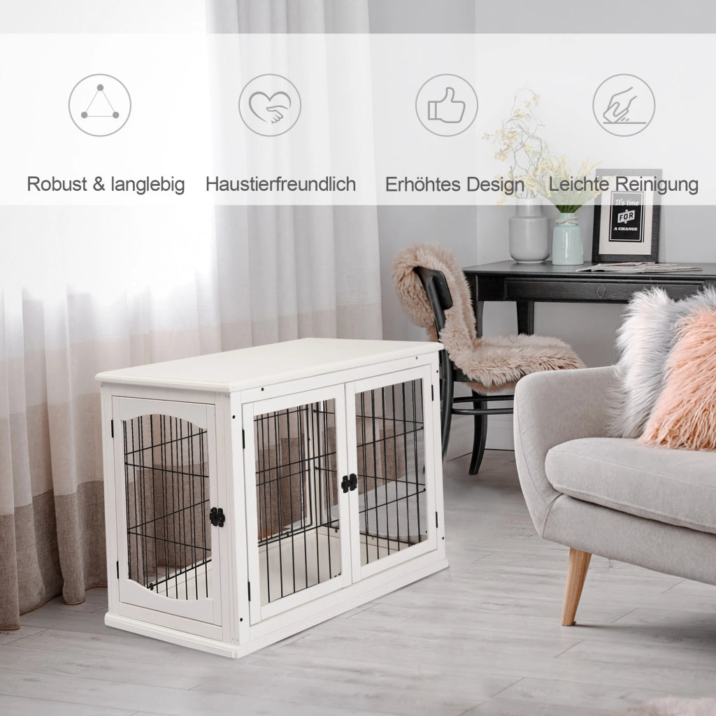 Scaffale per cani con due porte e chiusure in MDF bianco per interni 81 × 58,5 × 66 cm
