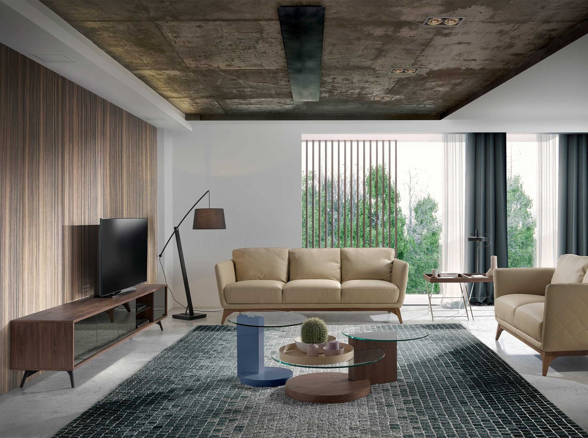 Mobile TV in vetro nero specchiato, noce e acciaio nero