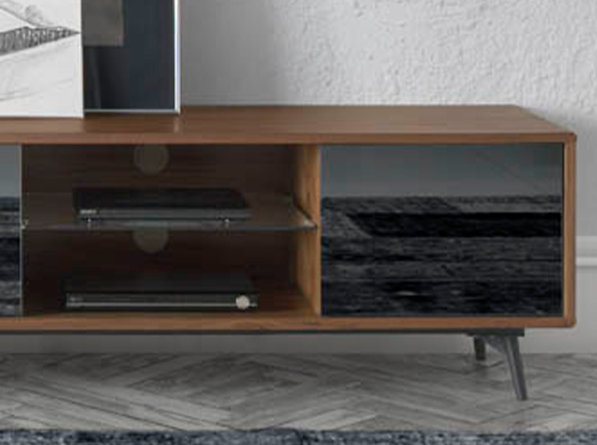 Mobile TV in vetro nero specchiato, noce e acciaio nero