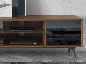 Mobile TV in vetro nero specchiato, noce e acciaio nero