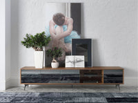 Mobile TV in vetro nero specchiato, noce e acciaio nero