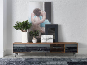 Mobile TV in vetro nero specchiato, noce e acciaio nero