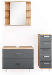 Set mobili bagno Ilias, Antracite/quercia dorata, 80 cm, composto da mobile sottolavabo, specchiera e mobile medio
