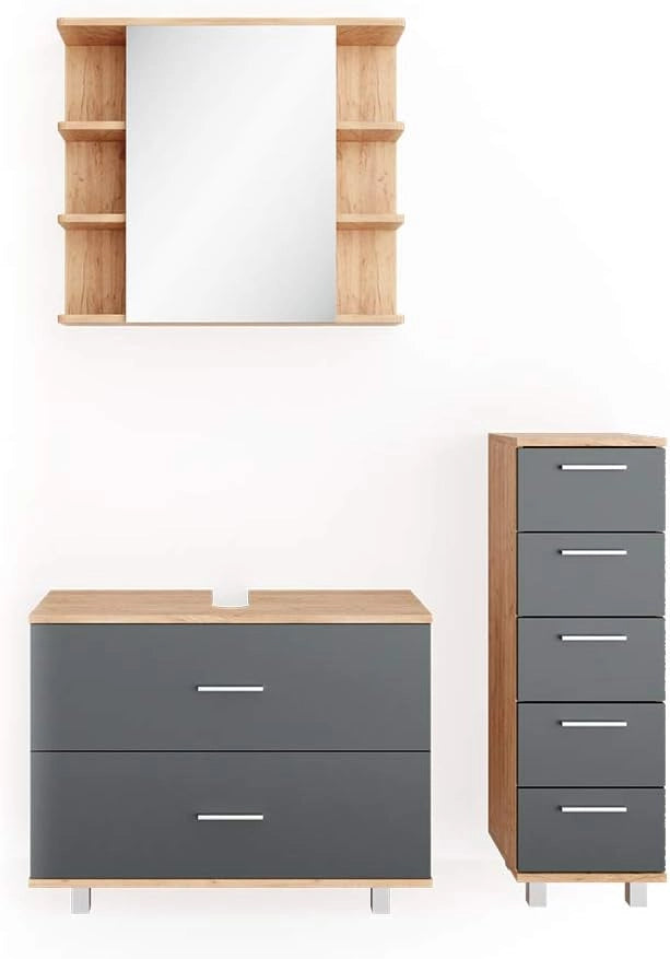 Set mobili bagno Ilias, Antracite/quercia dorata, 80 cm, composto da mobile sottolavabo, specchiera e mobile medio