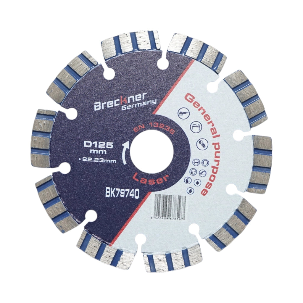 Disco diamantato turbo segmentato 125x22,23 mm, segmento 10 mm per cemento armato, pietra dura, autobloccanti Breckner Germany