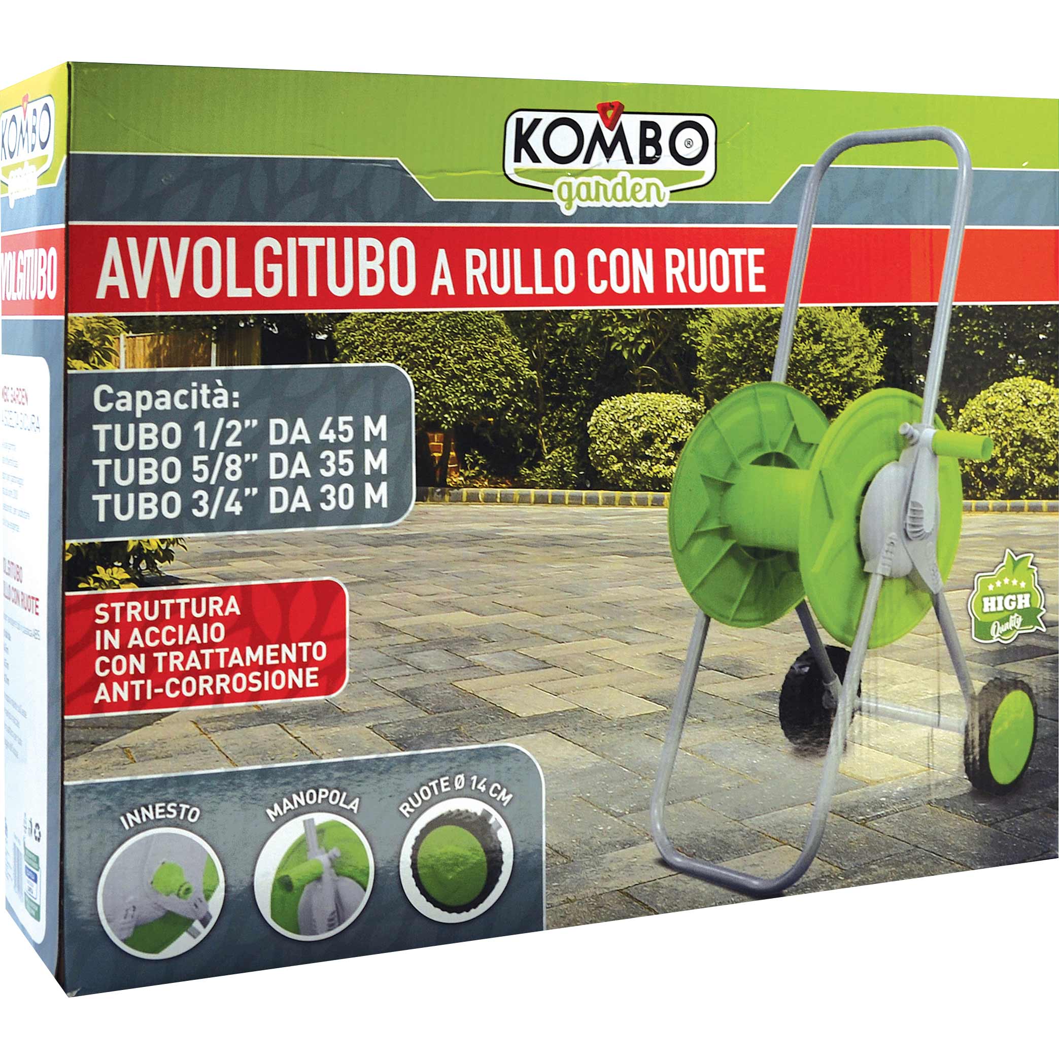 Avvolgitubo da terra con manovella e ruote grandi, 41* 45*72cm. Struttura in