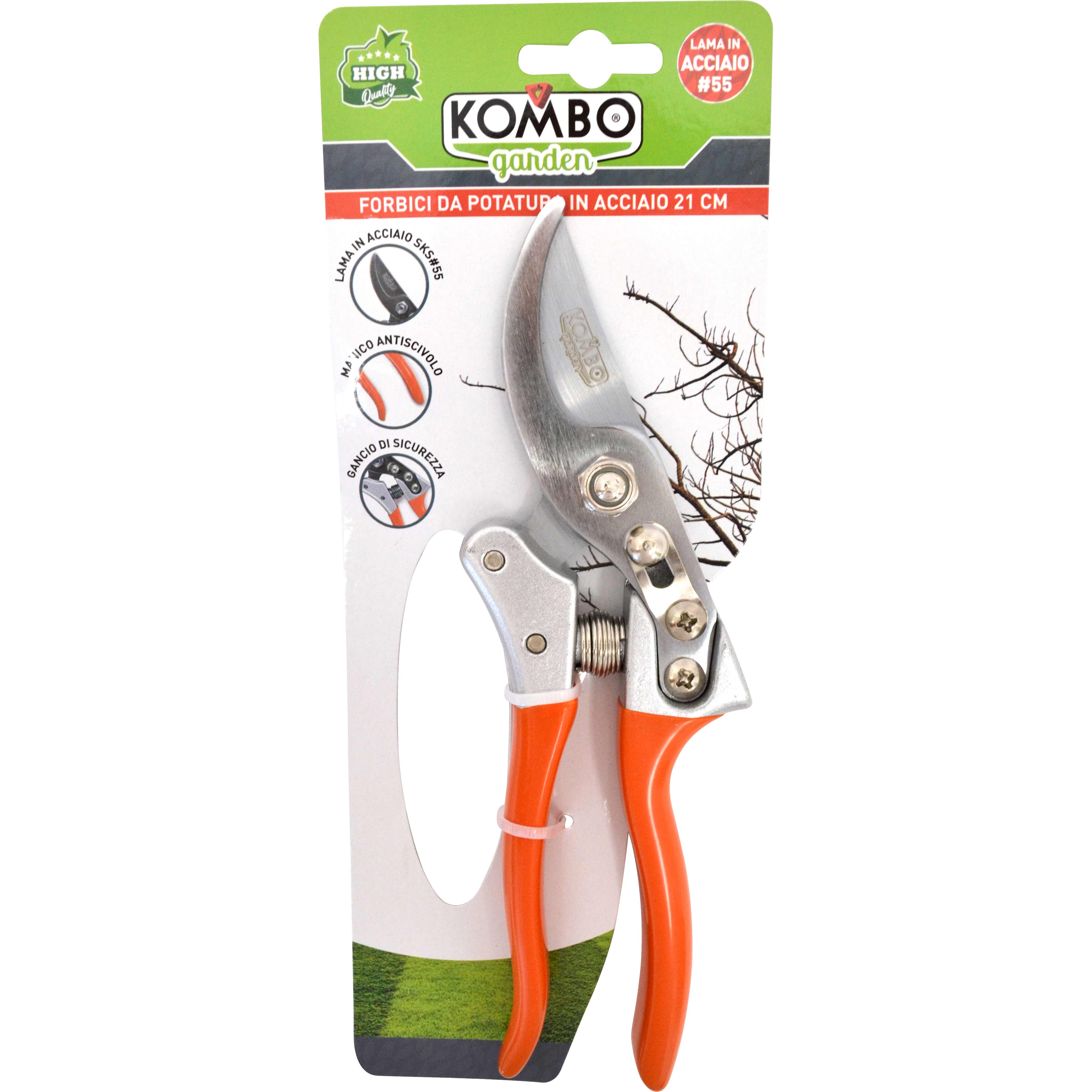 Forbici potatura,gancio di sicurezza, manico antiscivolo PVC