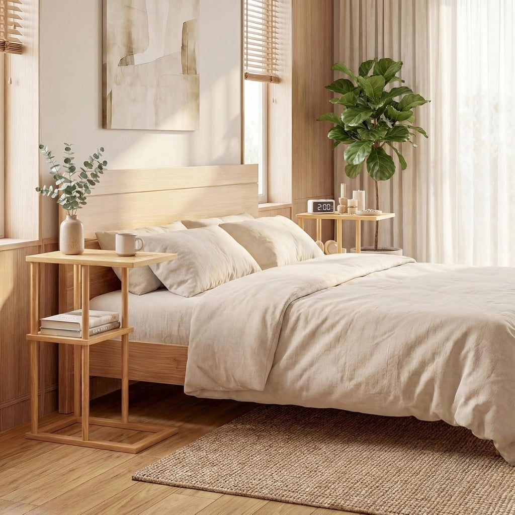 Set di 2 Tavolini a Forma di C, Tavolini Bassi in Bambù con Ripiani Portaoggetti, Tavolo Laterale da Divano per Piccoli Spazi, per Soggiorno, Camera da Letto, 40 X 28 X 65 CM (Modelli 1, 2)