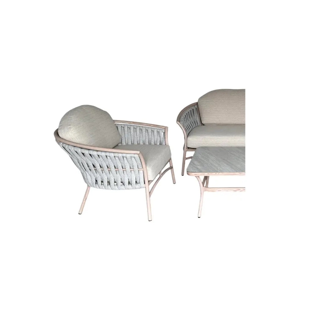 Set da giardino 4 posti in alluminio beige con corda e tavolino – ROTINIA